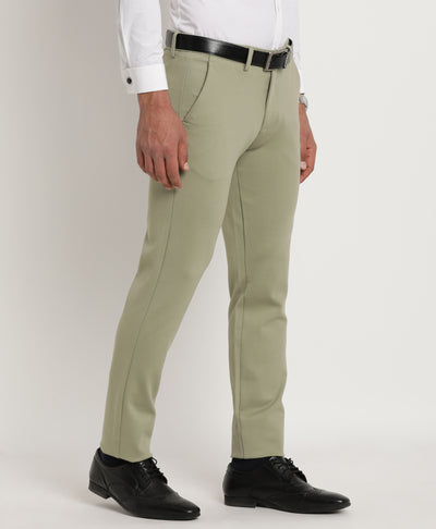 Cotton Stretch Pista Green Plain Ultra Slim Fit Flat Front Casual Trouser