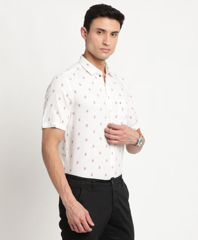 Cotton Linen White Printed Slim Fit Half Sleeve Casual Shirt