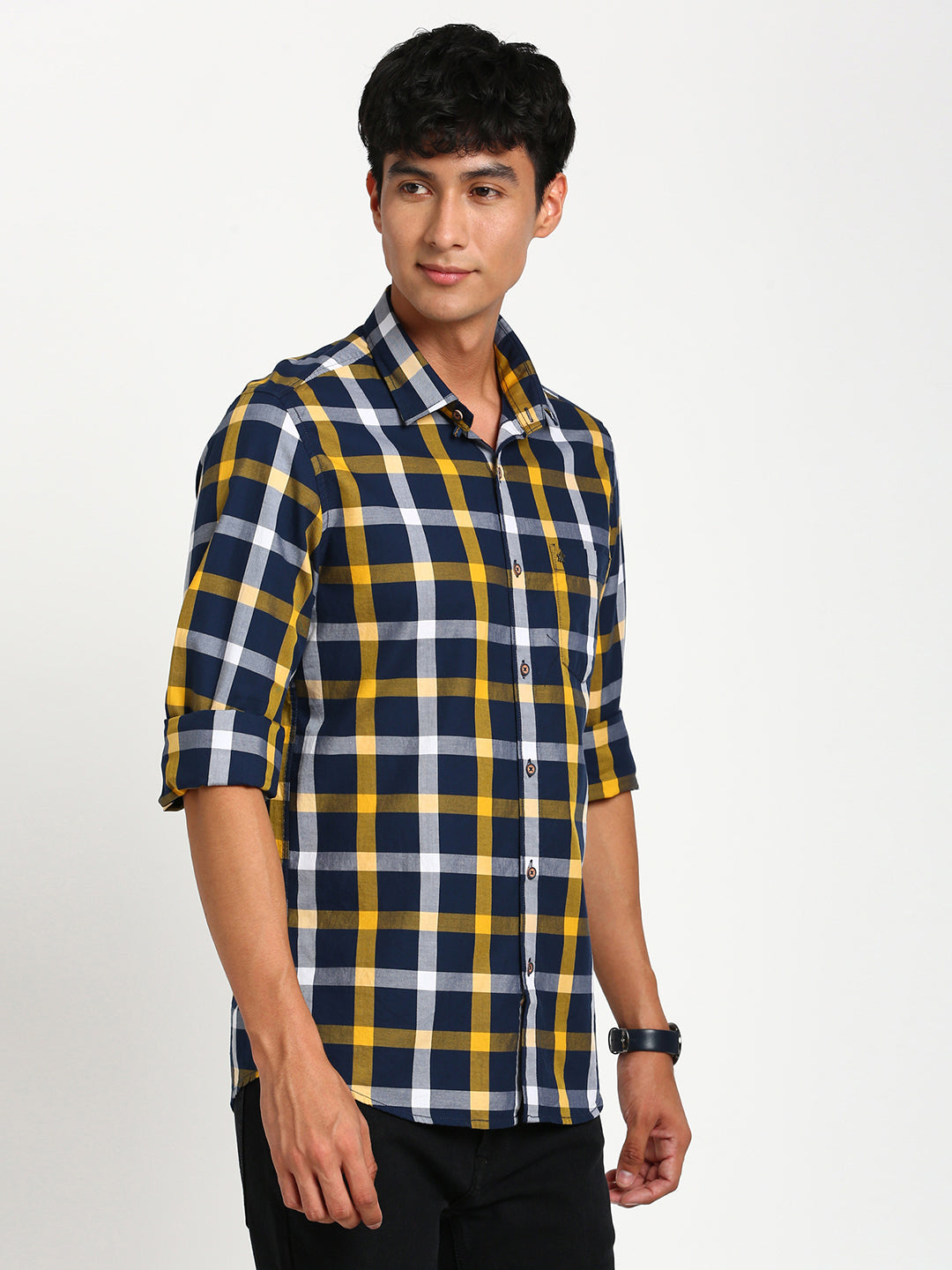 100% Cotton Navy Blue Checkered Slim Fit Full Sleeve Casual Shirt