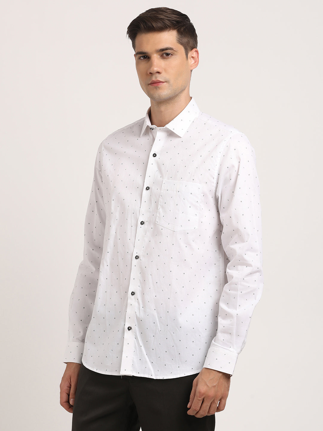 Cotton White Printed Slim Fit Full Sleeve Formal Shirt