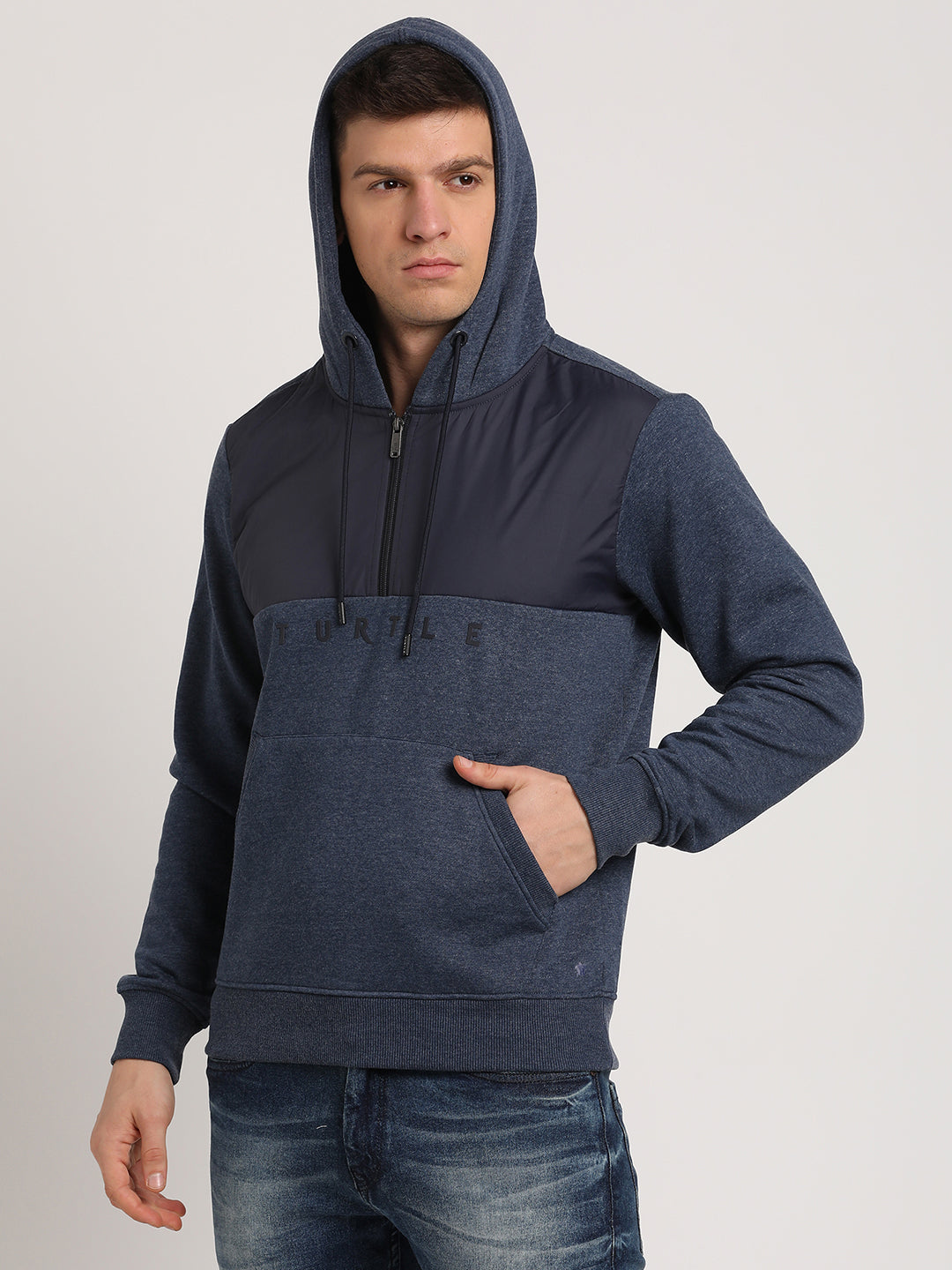 Poly Cotton Navy Striped Regular Fit Full Sleeve Casual Hoodie Sweatshirt