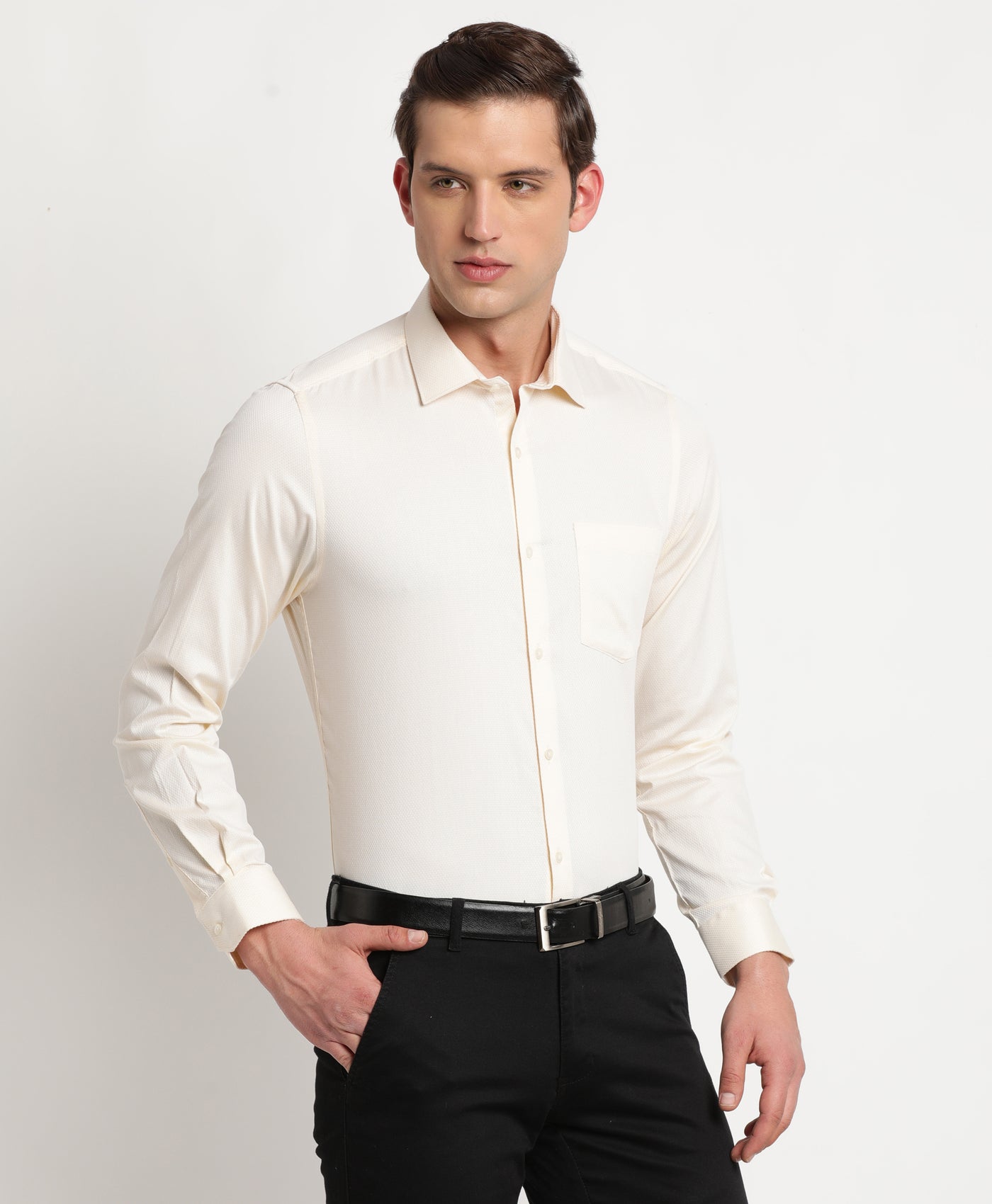 100% Cotton Cream Dobby Slim Fit Full Sleeve Formal Shirt