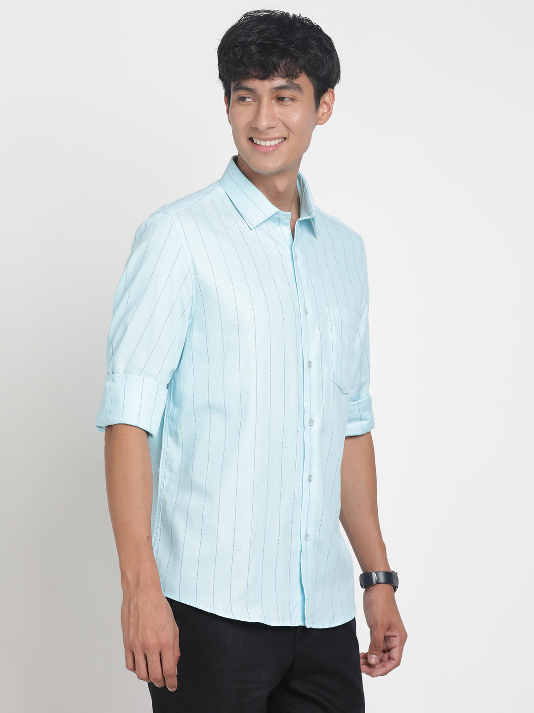 100% Cotton Sky Blue Striped Slim Fit Full Sleeve Formal Shirt