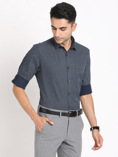 Cotton Tencel Navy Printed Slim Fit Full Sleeve Formal Shirt