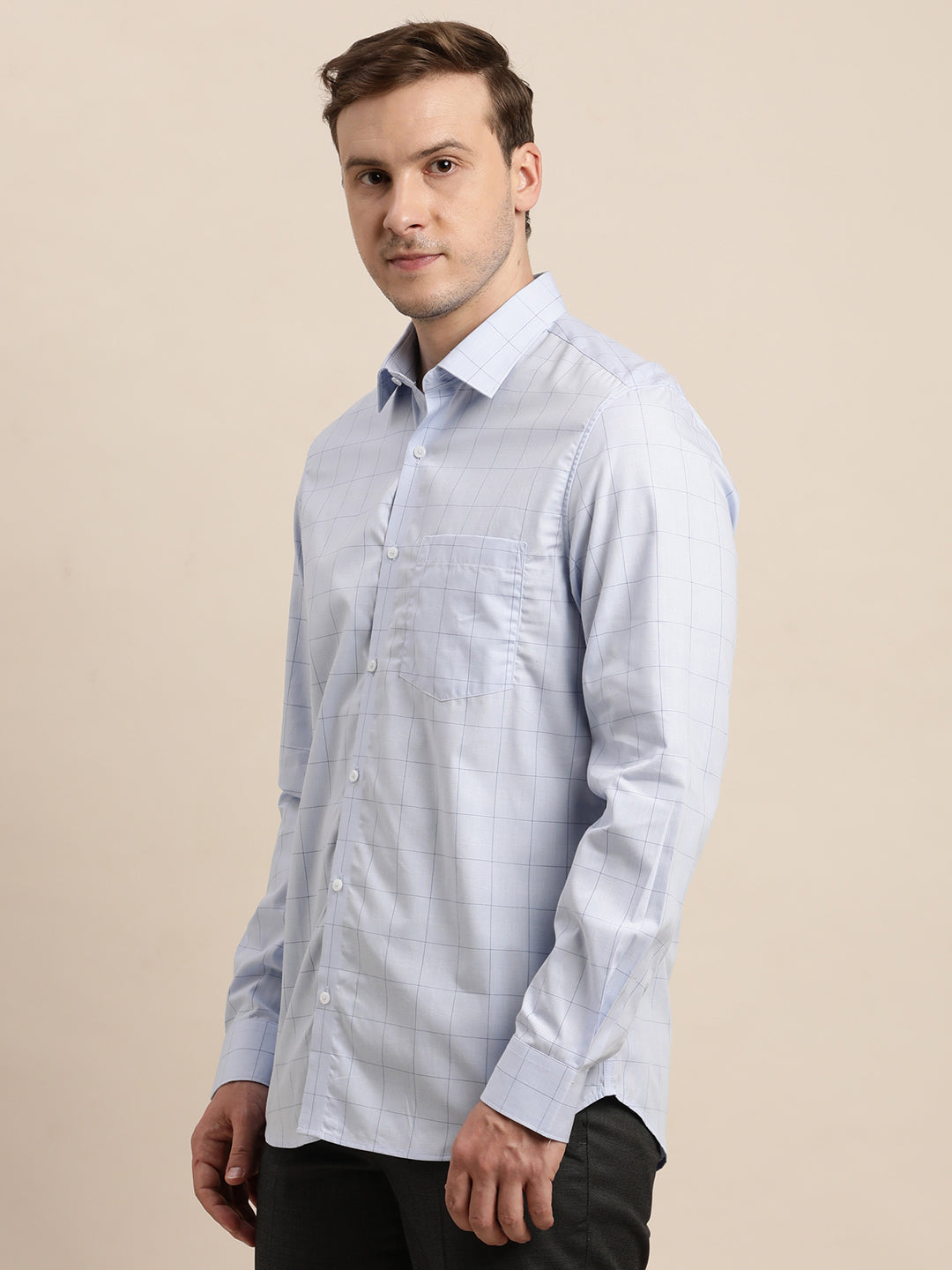 100% Cotton Blue Checkered Slim Fit Full Sleeve Formal Shirt