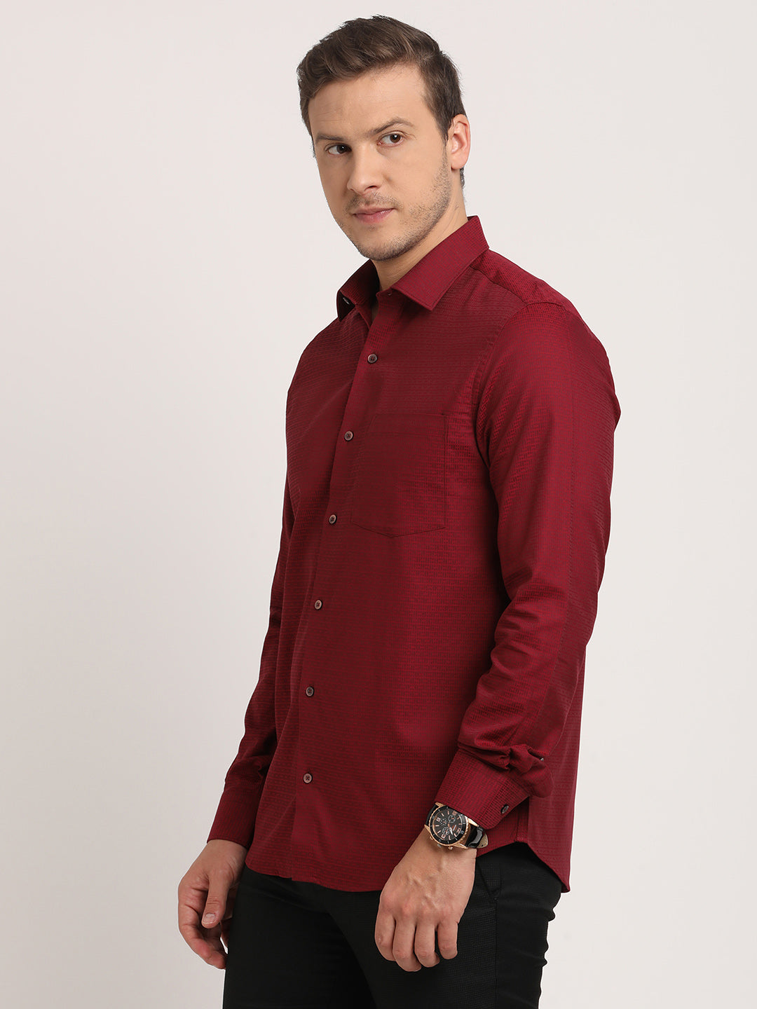 100% Cotton Maroon Dobby Slim Fit Full Sleeve Formal Shirt