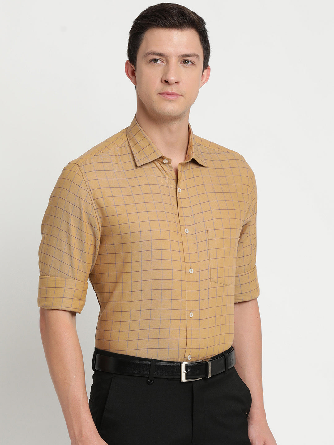 100% Cotton Khaki Checkered Slim Fit Full Sleeve Formal Shirt