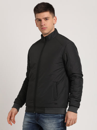 Polyester Solid Black Zipper Windcheater Jacket