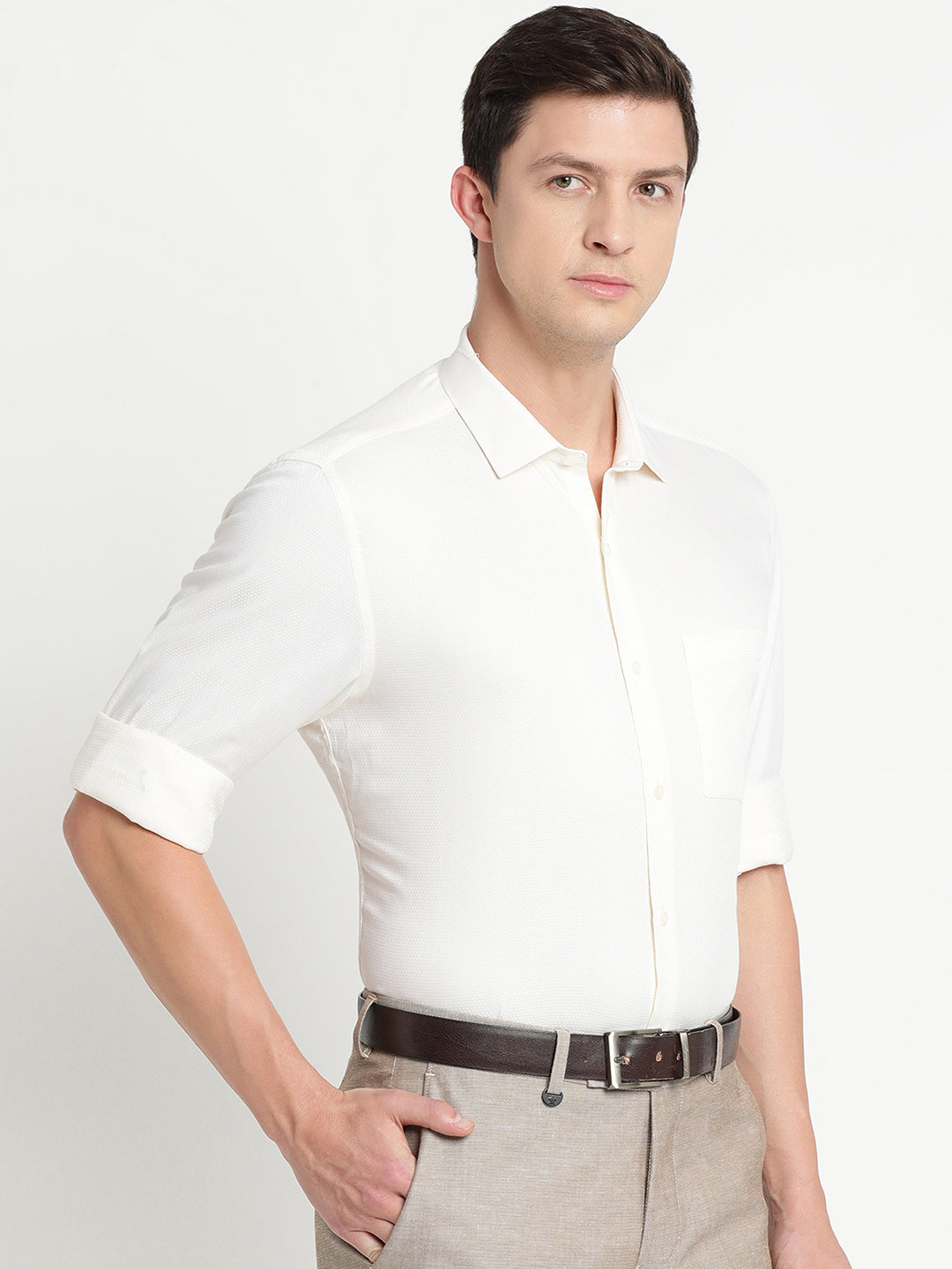 100% Cotton Cream Dobby Slim Fit Full Sleeve Formal Shirt