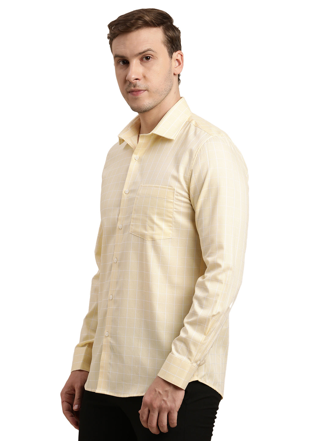 100% Cotton Cream Checkered Slim Fit Full Sleeve Formal Shirt