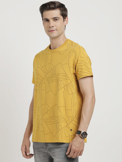 Knitted Mustard Printed Crew Neck Half Sleeve Casual T-Shirt