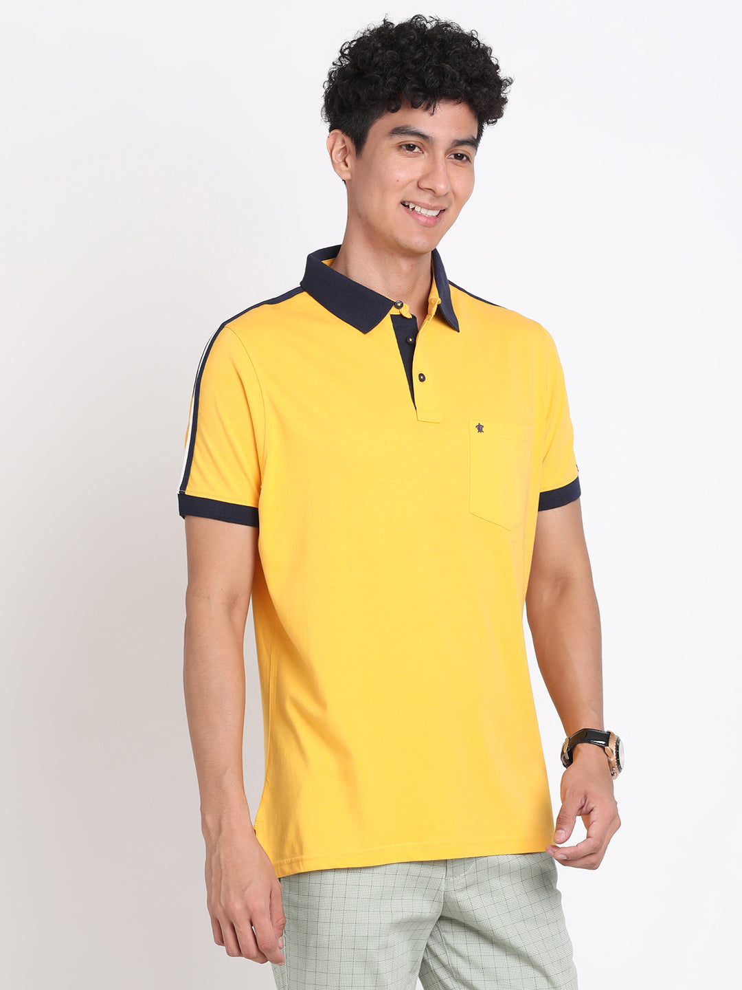 100% Cotton Yellow Plain Polo Neck Half Sleeve Casual T-Shirt