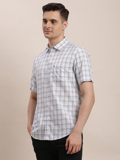 100% Cotton White Checkered Slim Fit Half Sleeve Casual Shirt