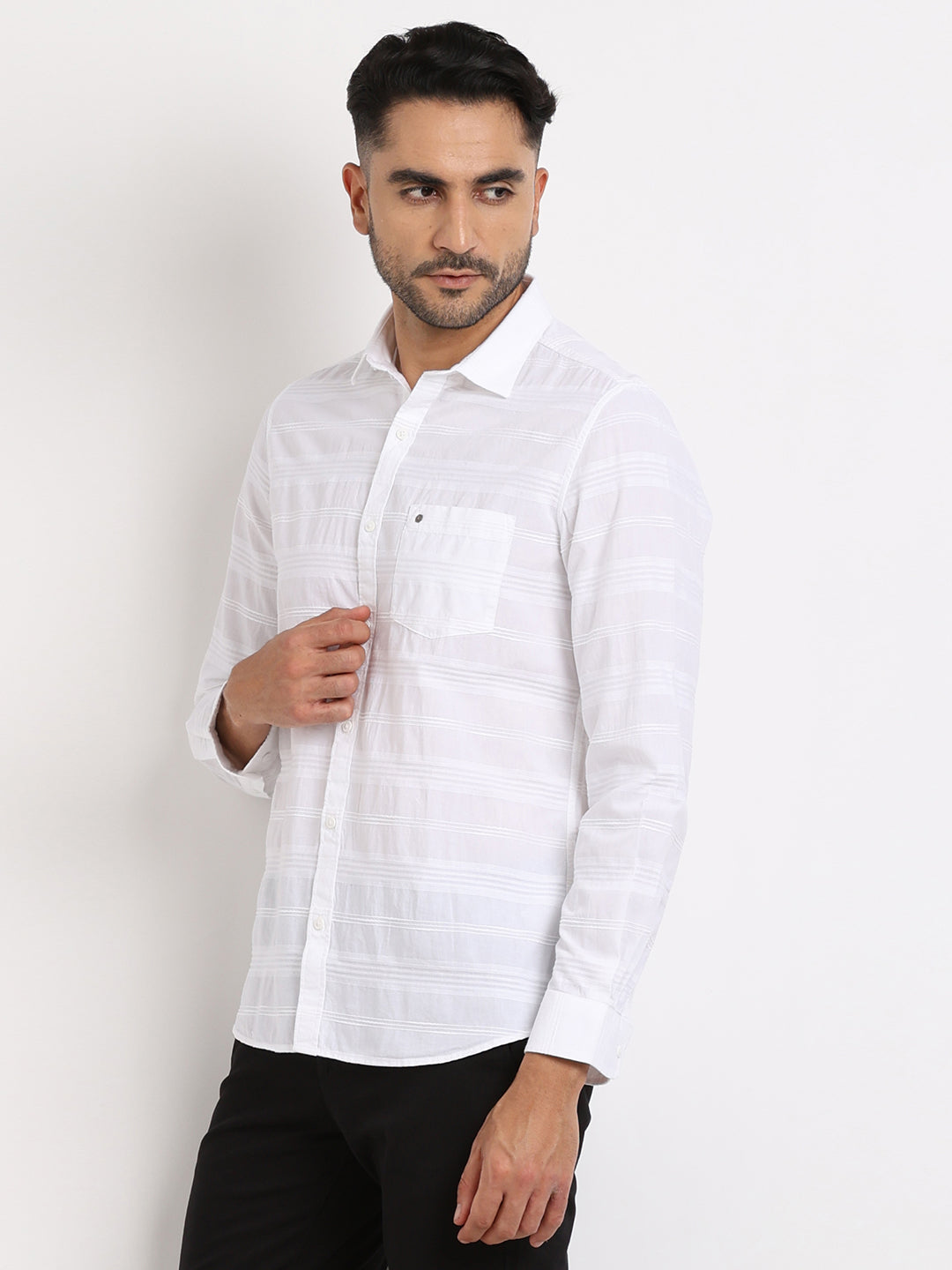 100% Cotton White Striped Slim Fit Full Sleeve Casual Shirt