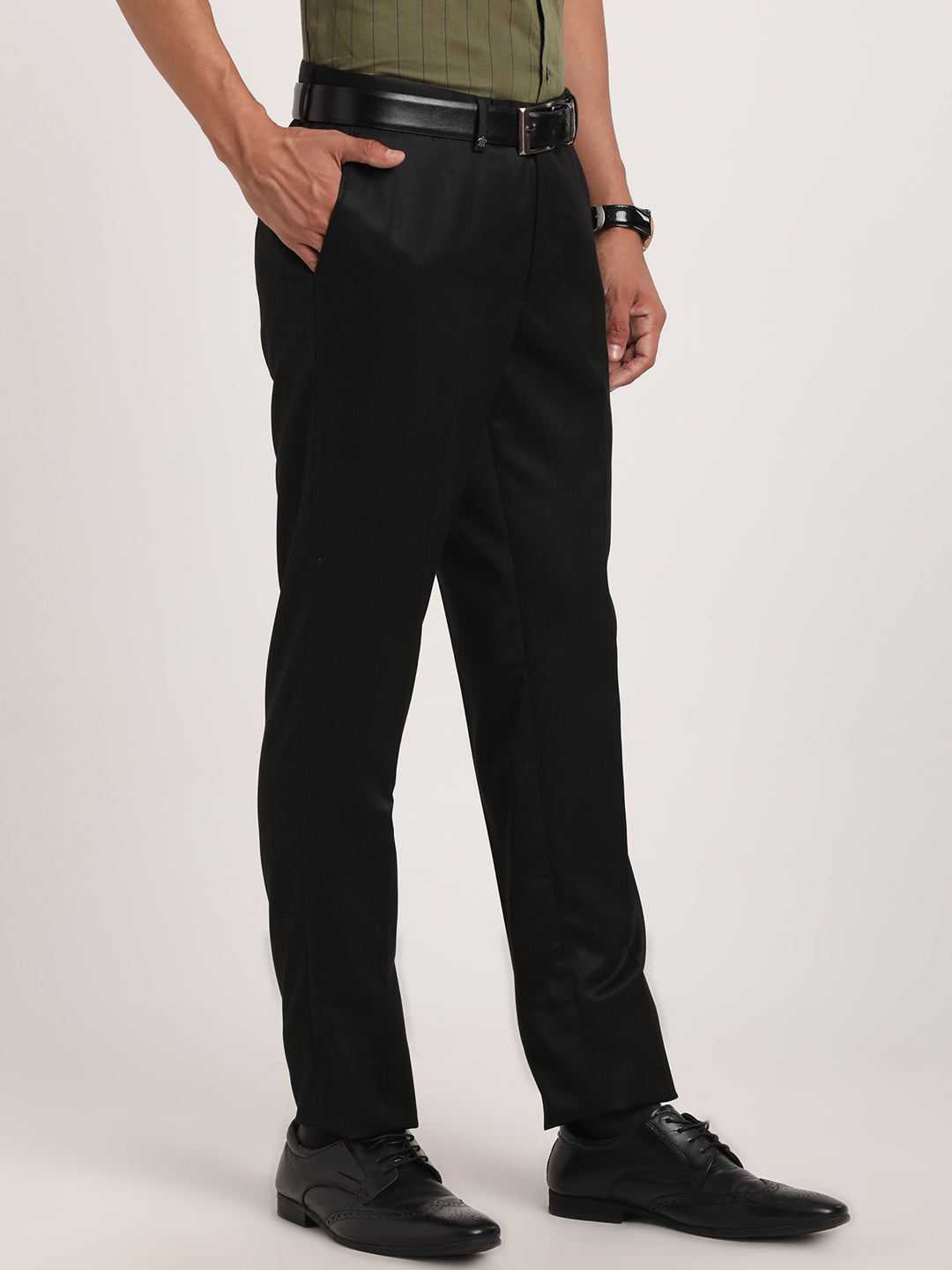 Mens Extra Slim Fit Solid Black Flat Front Wool Dress Pants | The Suit Depot