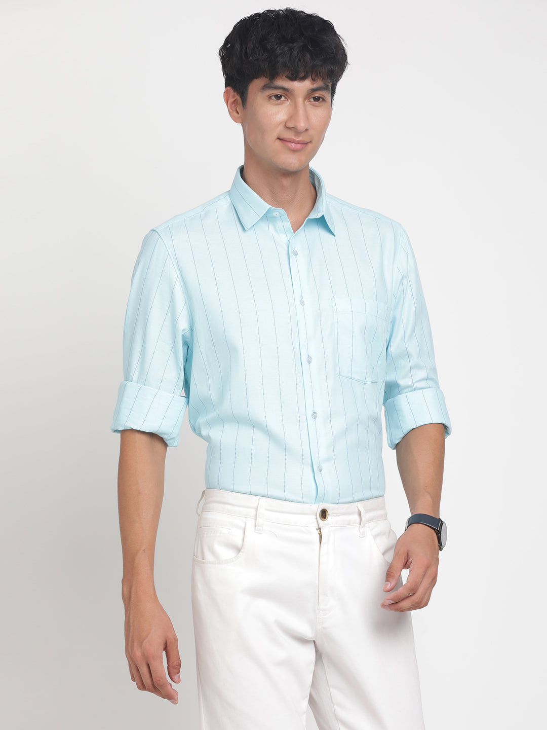 100% Cotton Aqua Blue Striped Regular Fit Full Sleeve Formal Shirt