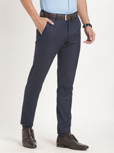 Poly Viscose Stretch Navy Blue Checkered Ultra Slim Fit Flat Front Formal Trouser