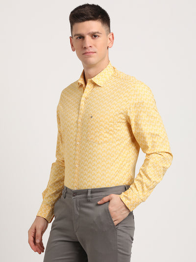 100% Cotton Yellow Printed Slim Fit Full Sleeve Casual Shirt