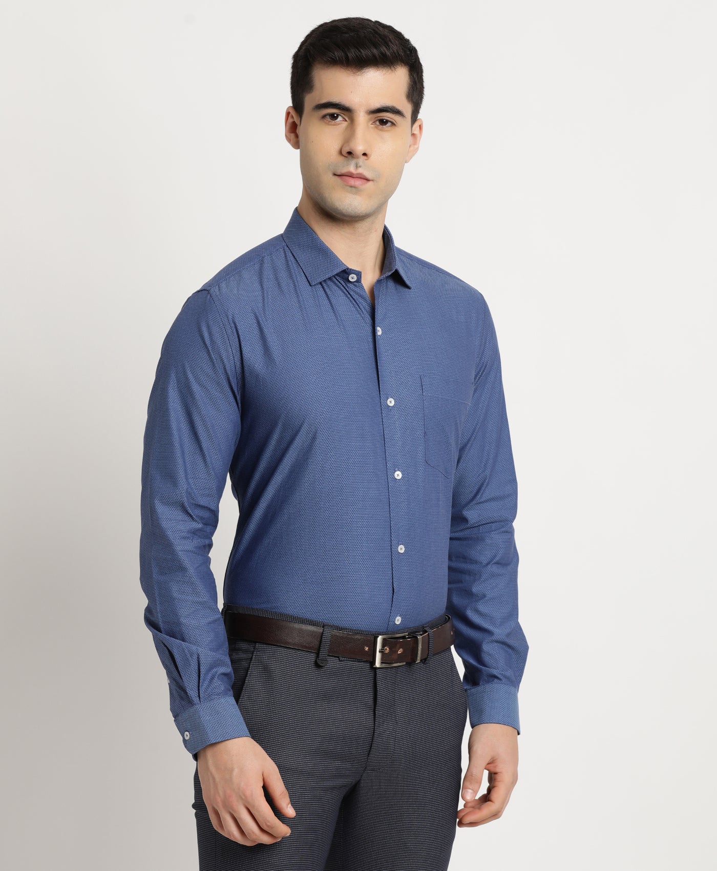 100% Cotton Navy Blue Dobby Slim Fit Full Sleeve Formal Shirt