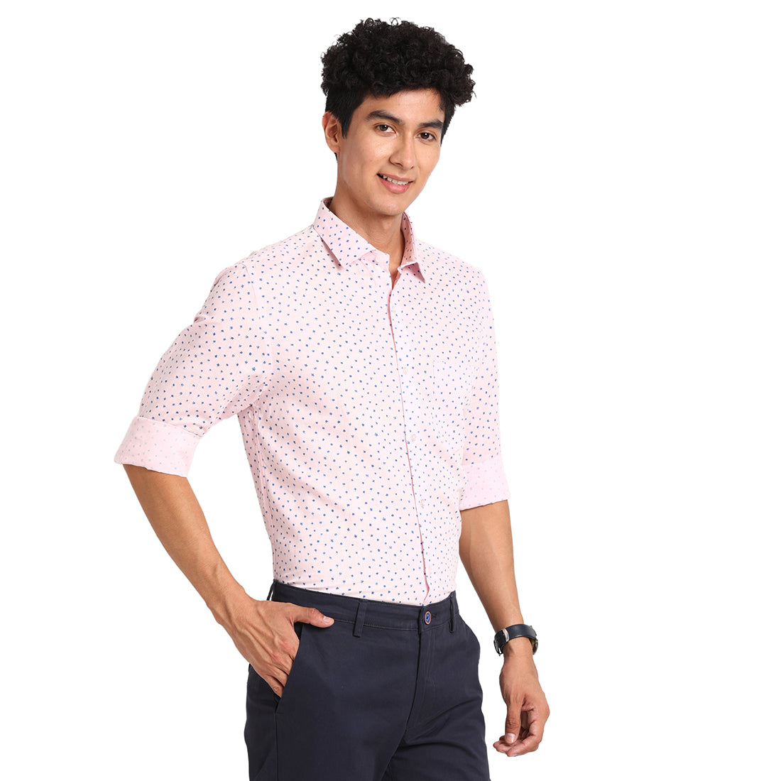 Cotton Linen Pink Printed Slim Fit Full Sleeve Formal Shirt