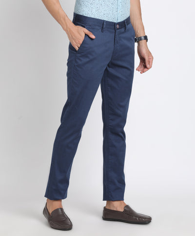 Cotton Stretch Blue Printed Narrow Fit Flat Front Casual Trouser