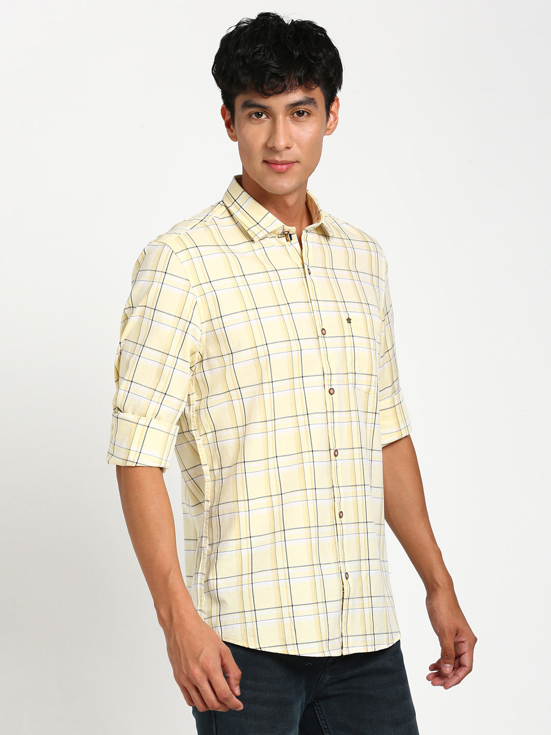 100% Cotton Yellow Checkered Slim Fit Full Sleeve Casual Shirt