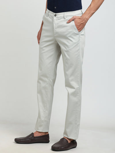 Cotton Stretch Off White Printed Ultra Slim Fit Flat Front Casual Trouser