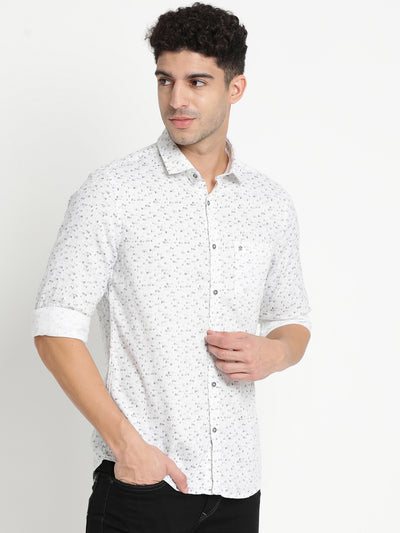 100% Cotton White Printed Slim Fit Full Sleeve Casual Shirt