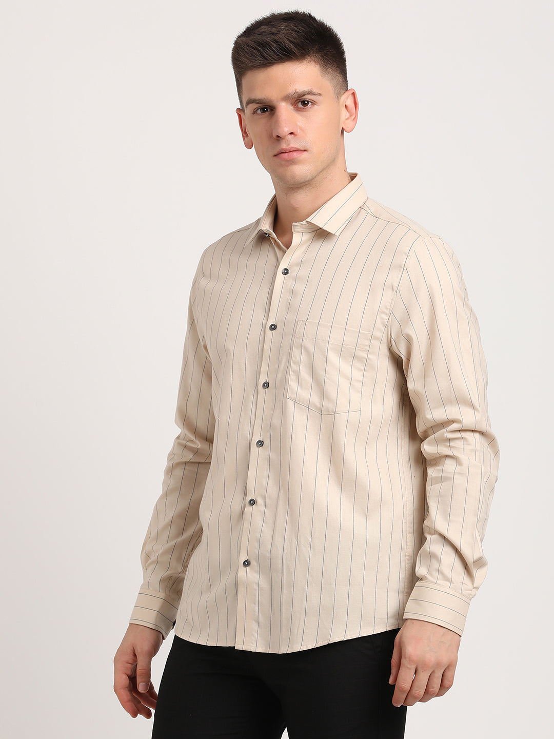 100% Cotton Beige Striped Slim Fit Full Sleeve Formal Shirt