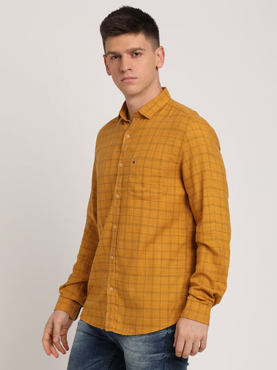 Cotton Lyocell Mustard Checkered Slim Fit Full Sleeve Casual Shirt