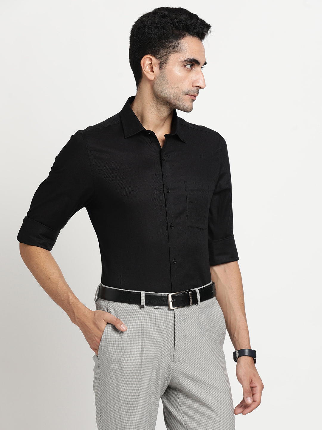 Cotton Black Dobby Full Sleeve Formal Shirt