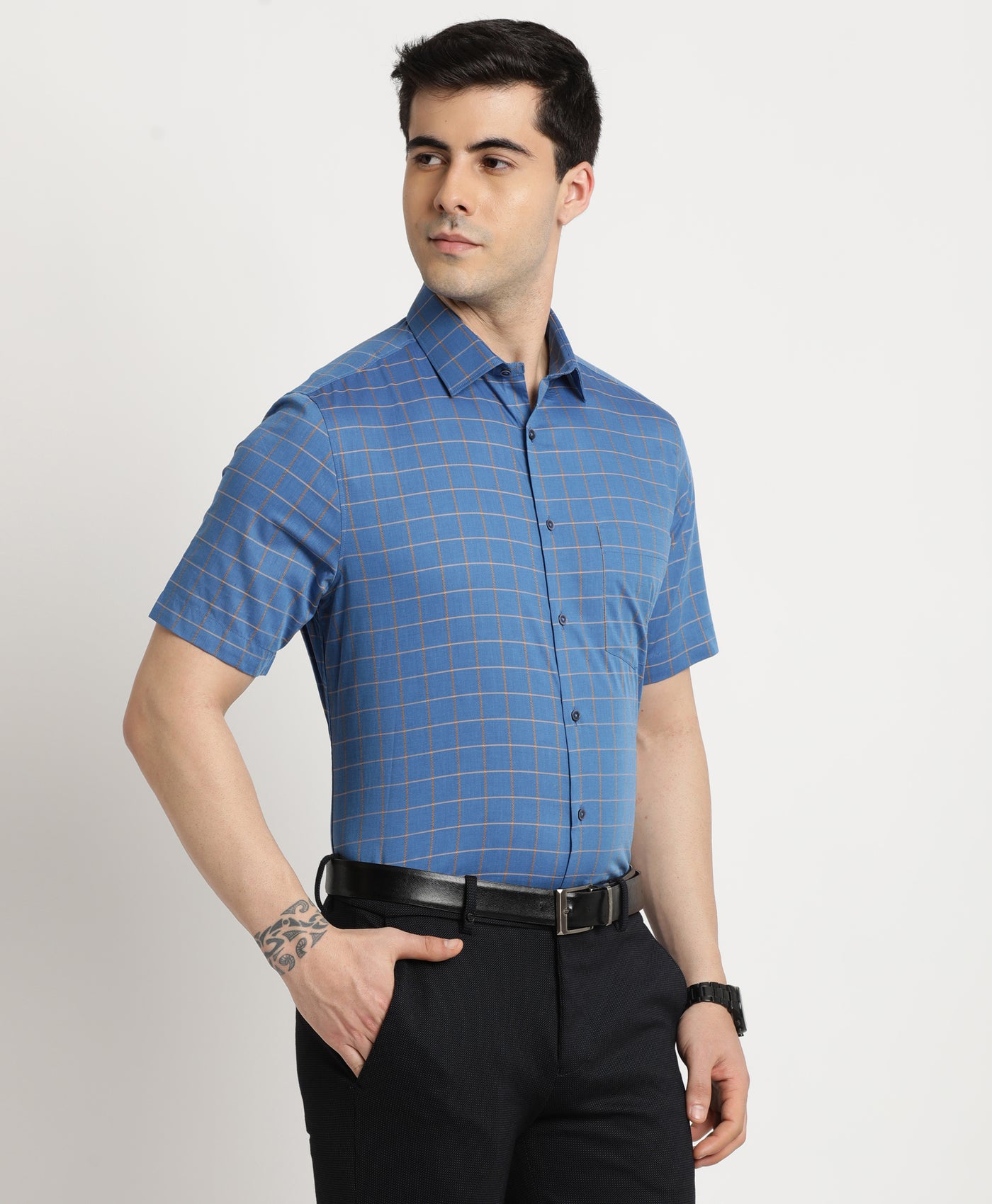 100% Cotton Blue Checkered Regular Fit Half Sleeve Formal Shirt