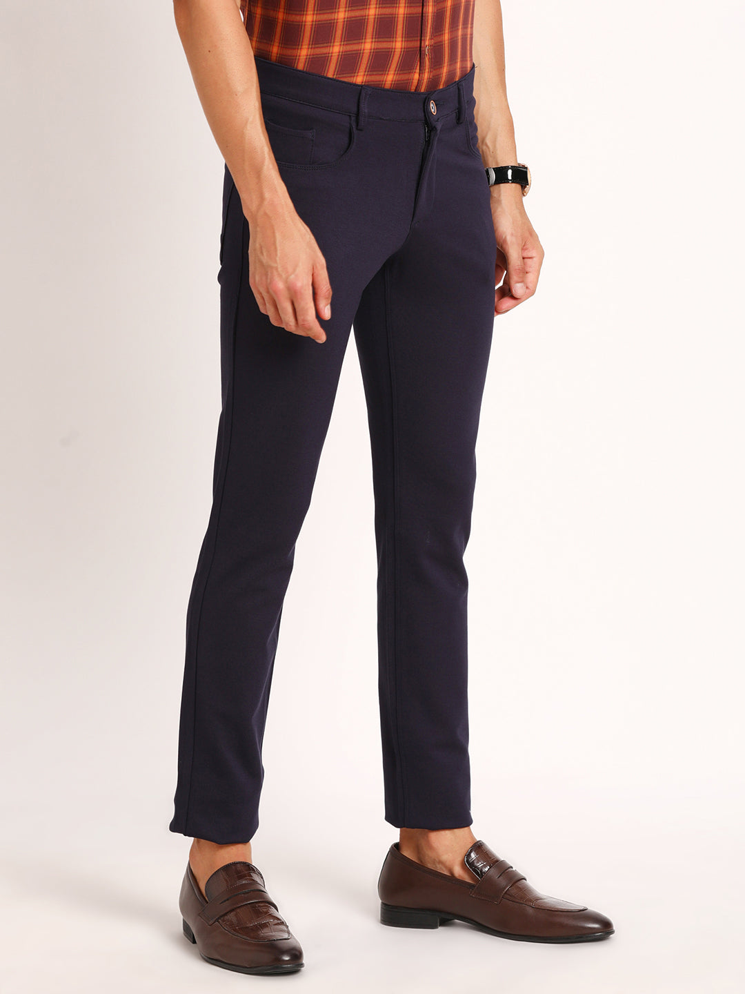 Cotton Navy Blue Plain Narrow Fit Flat Front Casual Trouser