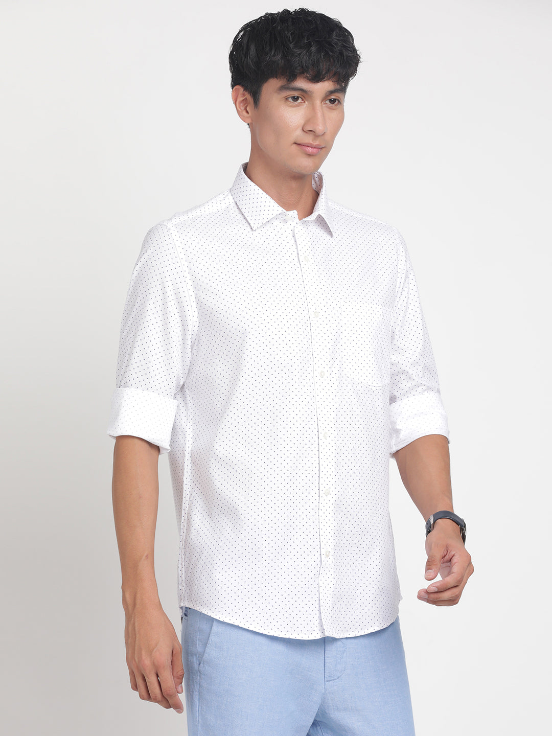 100% Cotton White Printed Slim Fit Full Sleeve Formal Shirt