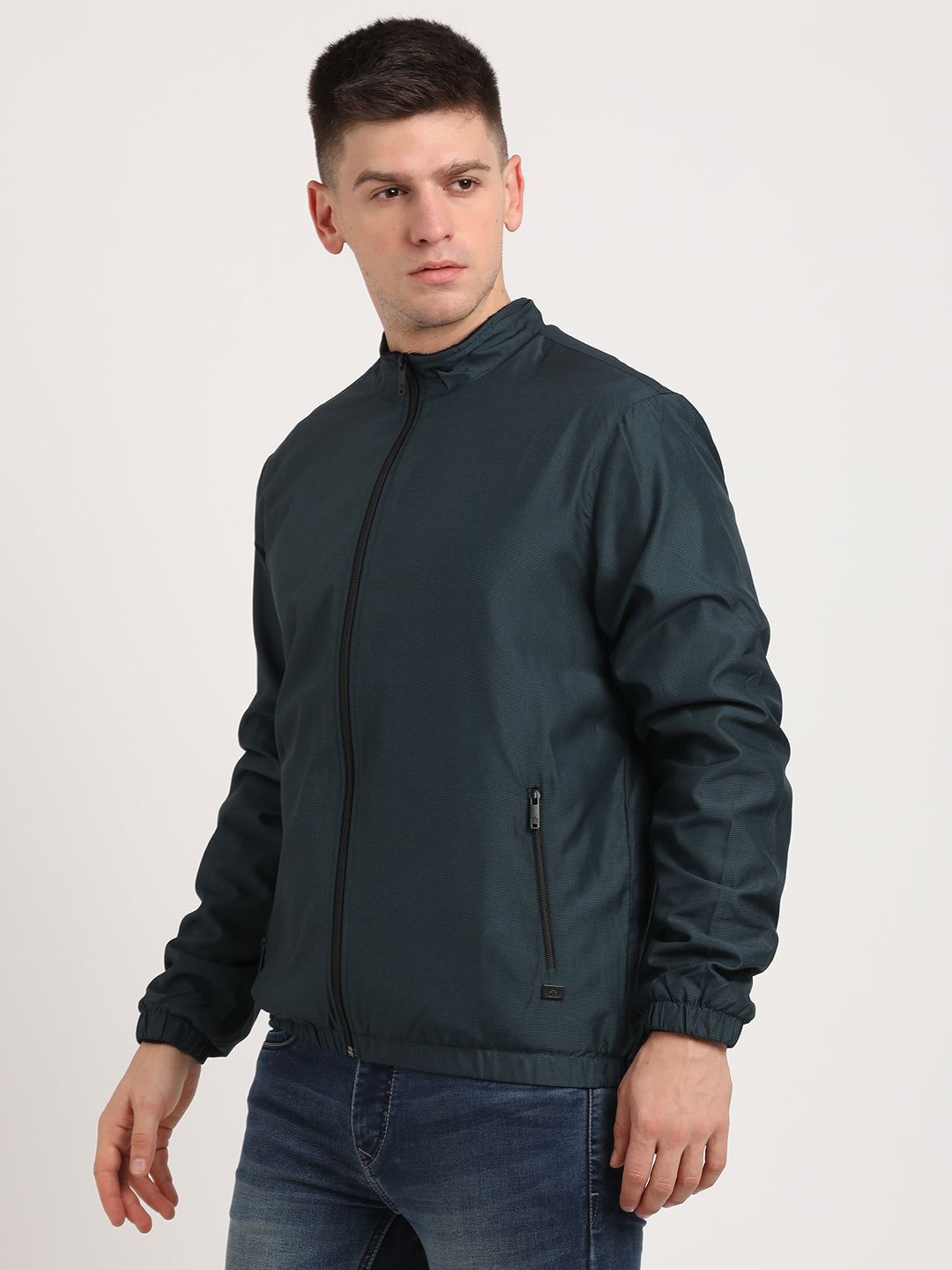 Polyester Solid Dark Green Zipper Windcheater Jacket