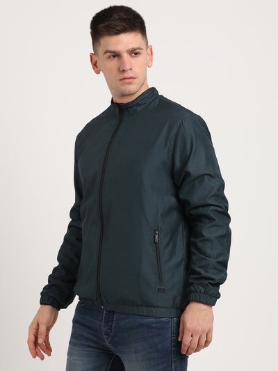 Polyester Solid Dark Green Zipper Windcheater Jacket