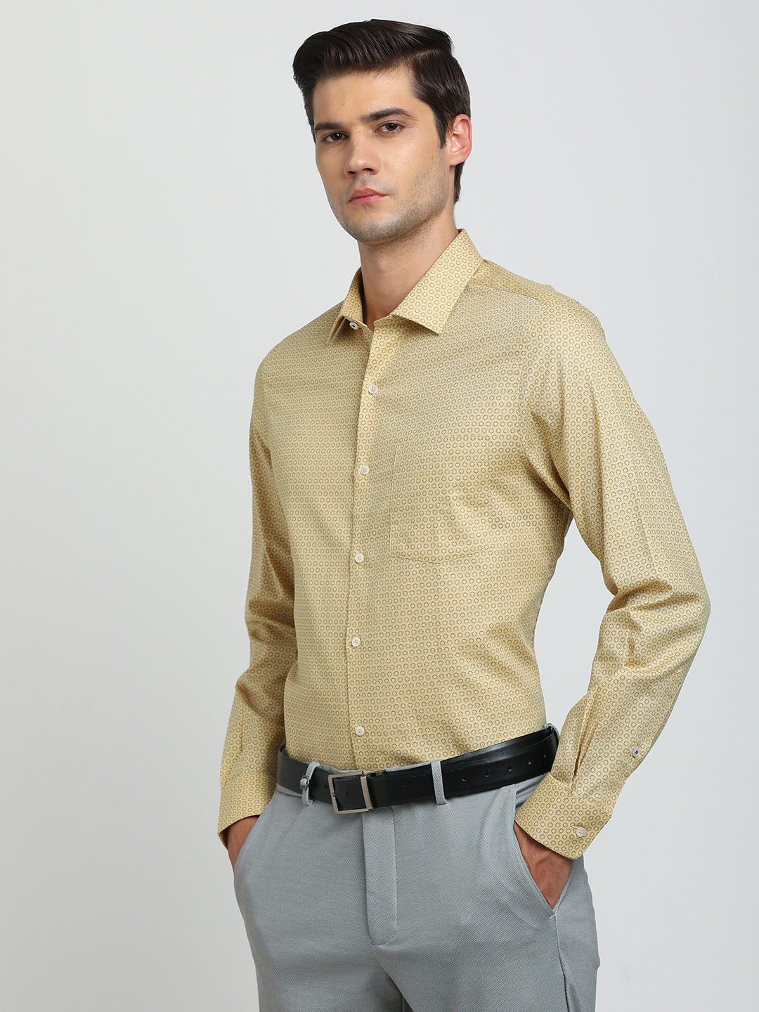 100% Cotton Yellow Printed Slim Fit Full Sleeve Formal Shirt