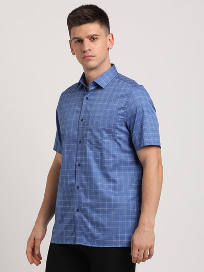 100% Cotton Blue Checkered Regular Fit Half Sleeve Formal Shirt