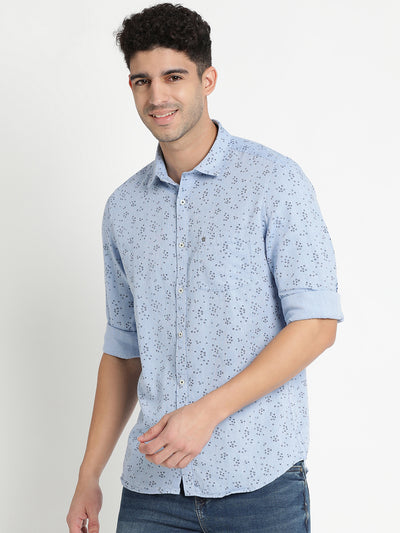 100% Cotton Sky Blue Printed Slim Fit Full Sleeve Casual Shirt