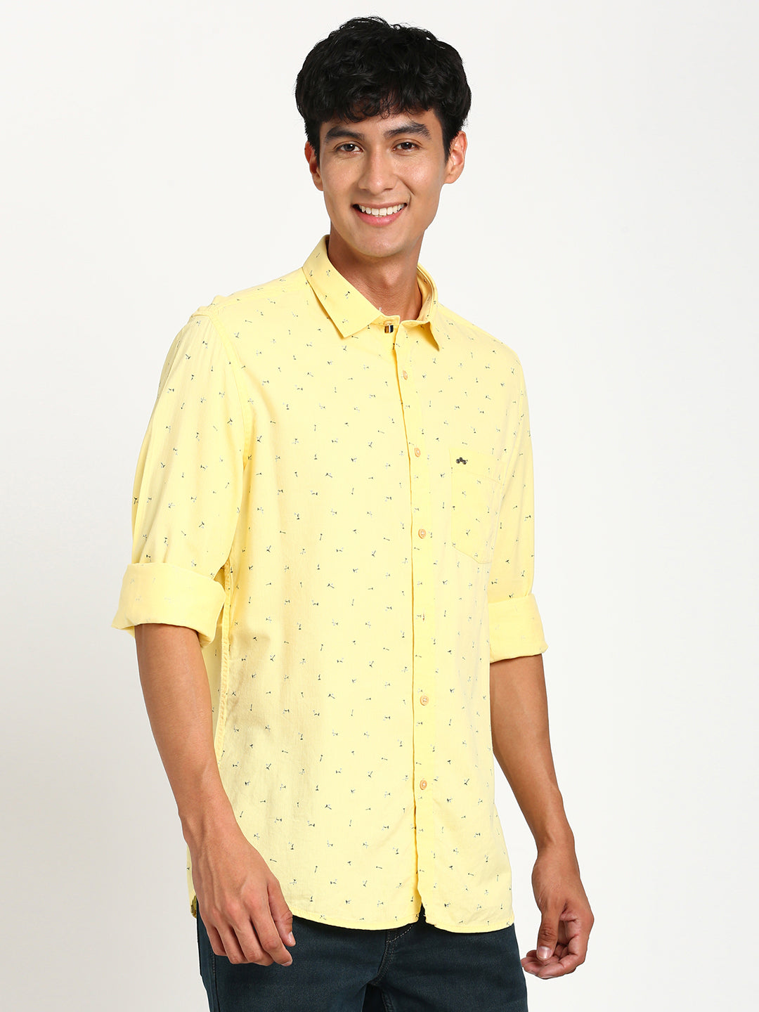 Cotton Tencel Yellow Printed Slim Fit Full Sleeve Casual Shirt