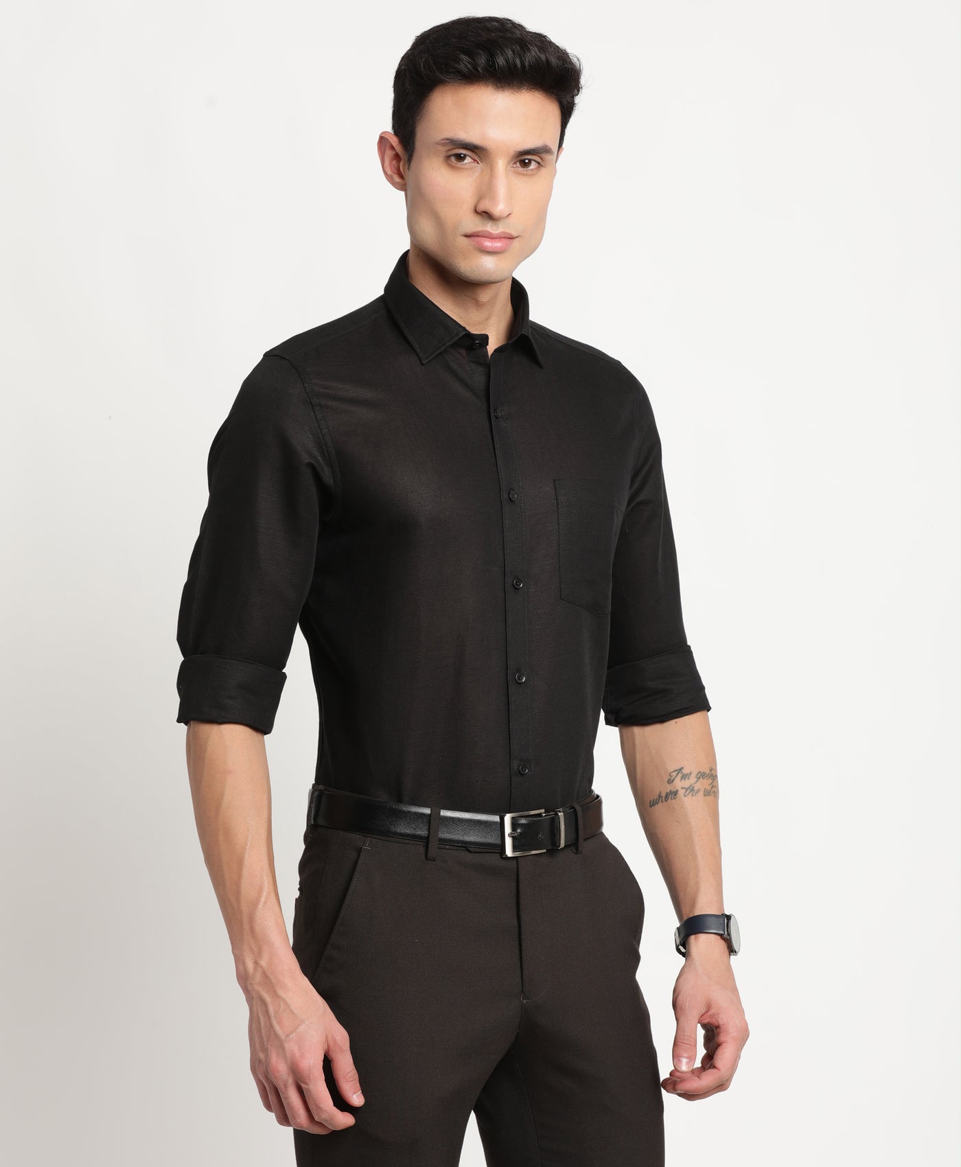 Cotton Linen Black Plain Slim Fit Full Sleeve Formal Shirt