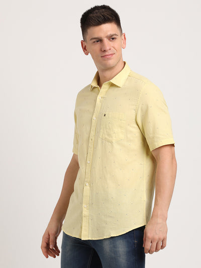 Cotton Linen Yellow Plain Slim Fit Half Sleeve Casual Shirt
