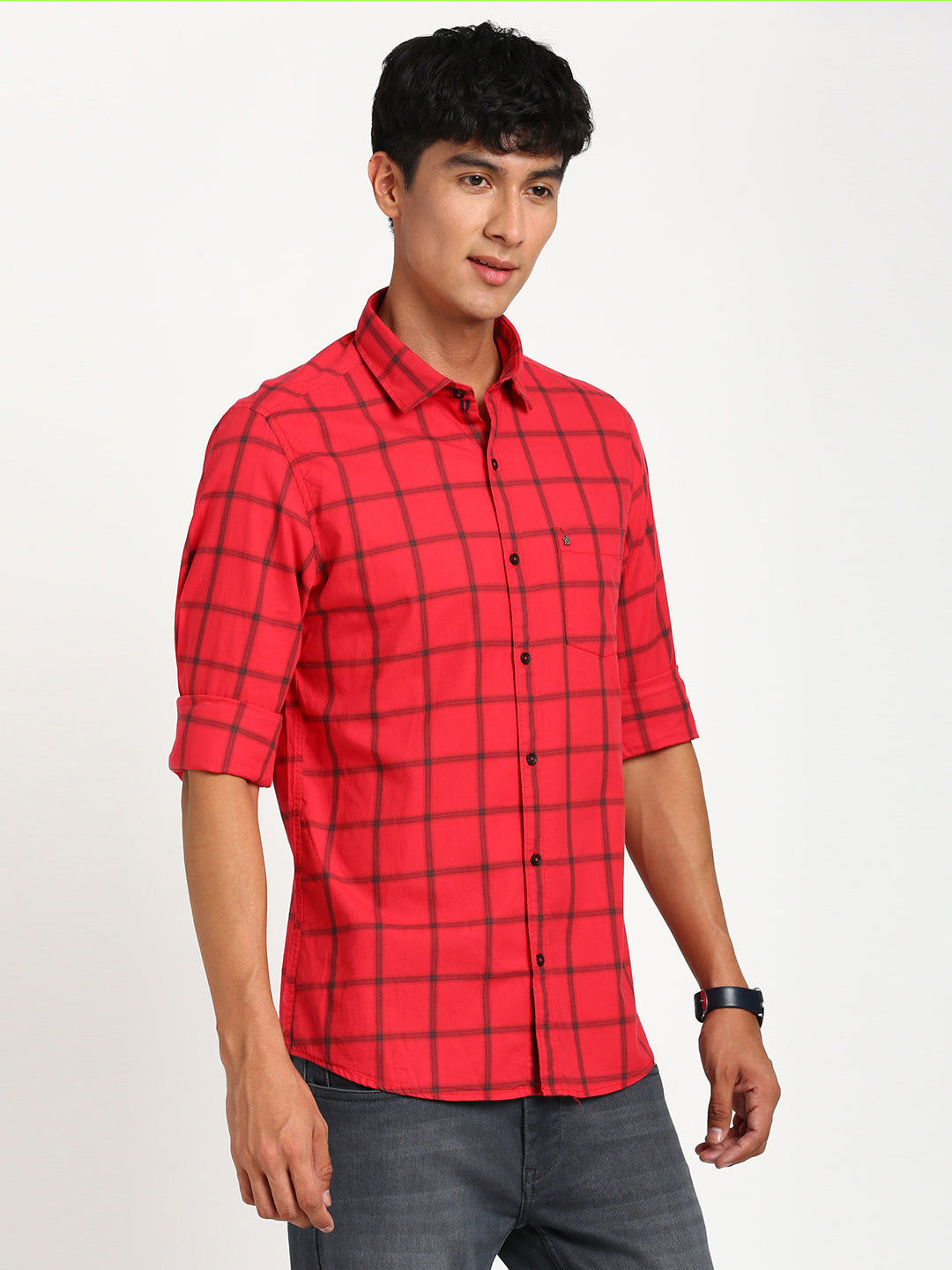 100% Cotton Red Checkered Slim Fit Full Sleeve Casual Shirt