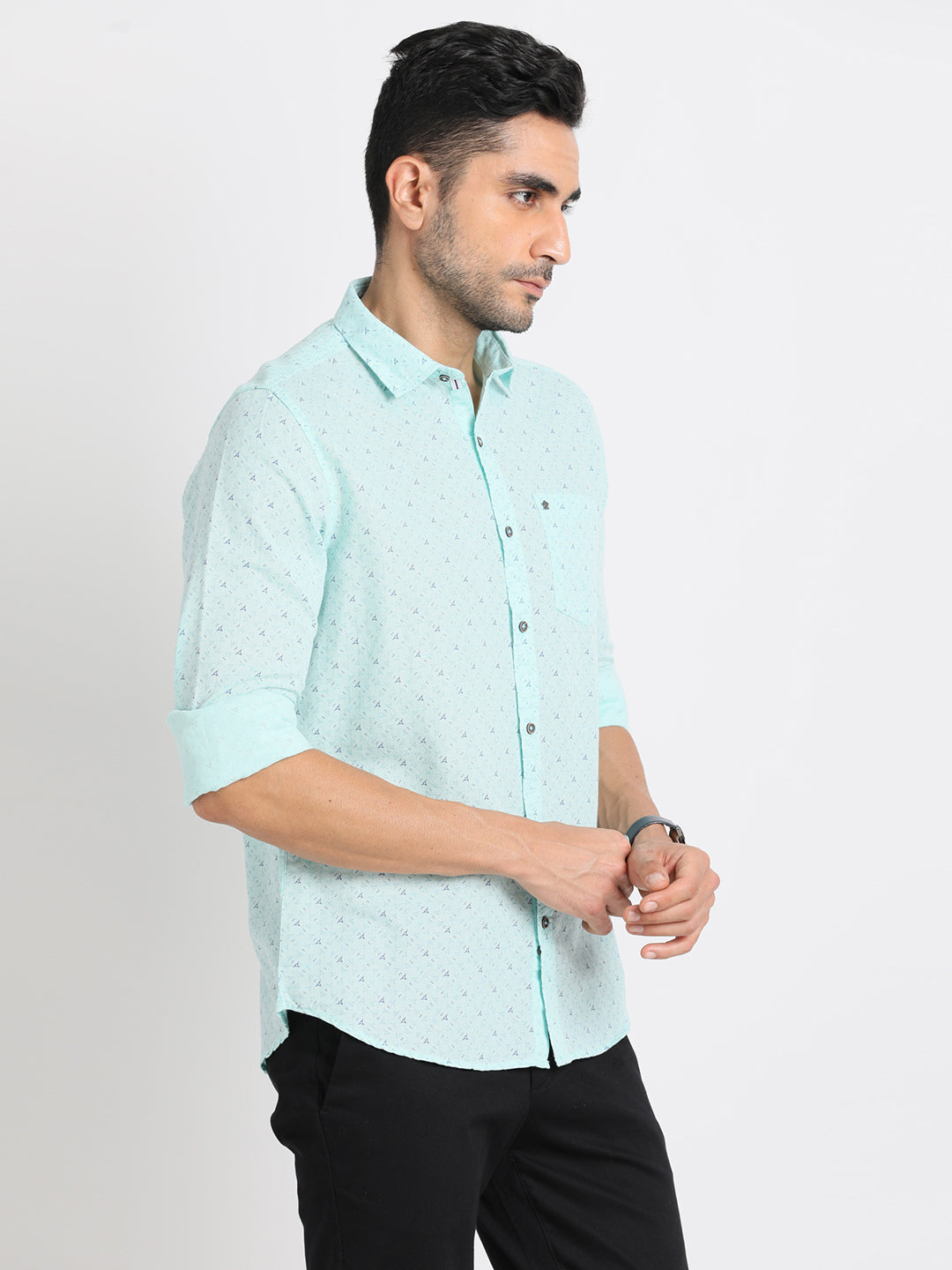 Cotton Linen Sea Green Printed Slim Fit Full Sleeve Casual Shirt