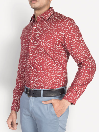 100% Cotton Maroon Printed Slim Fit Full Sleeve Formal Shirt