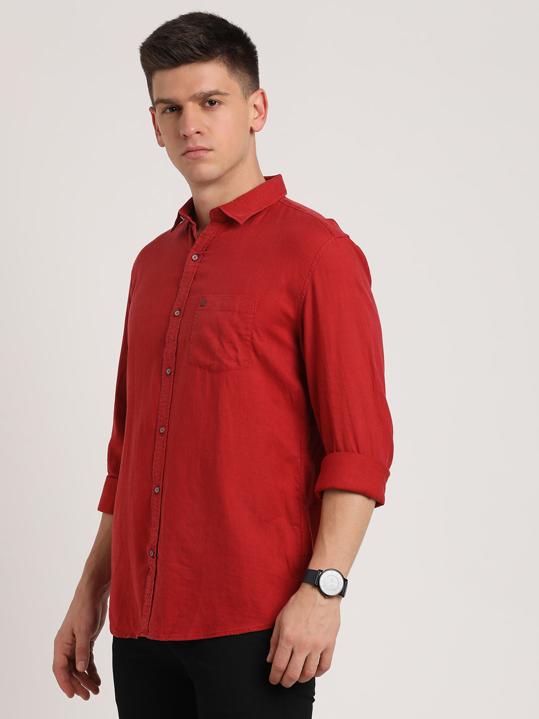 Cotton Lyocell Red Plain Slim Fit Full Sleeve Casual Shirt