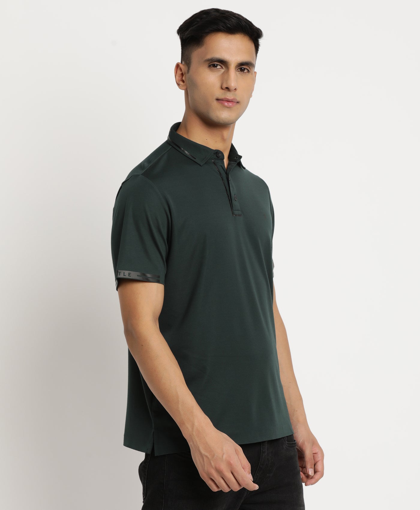 Cotton Dark Green Printed Polo Neck T-Shirt