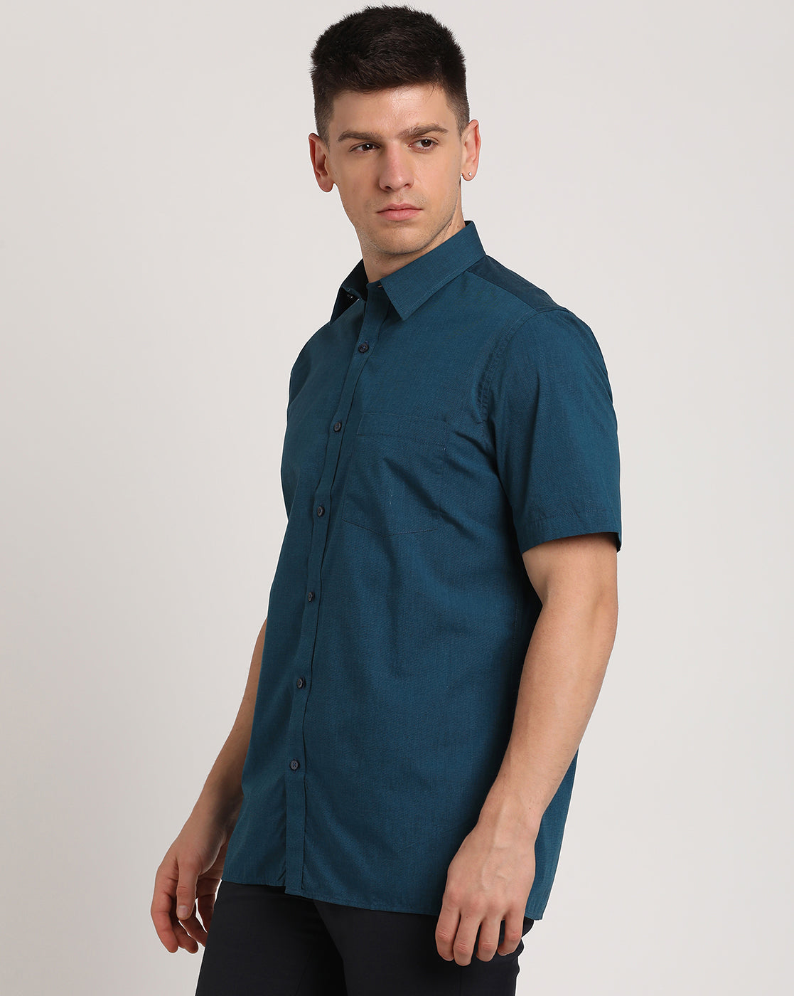 100% Cotton Blue Plain Regular Fit Half Sleeve Formal Shirt