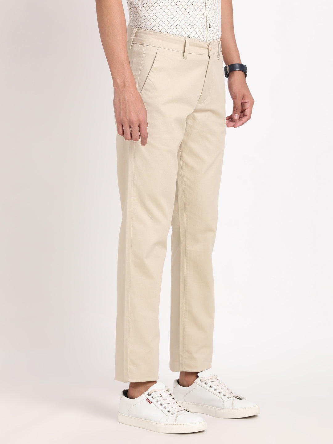 Cotton Stretch Beige Dobby Ultra Slim Fit Flat Front Casual Trouser