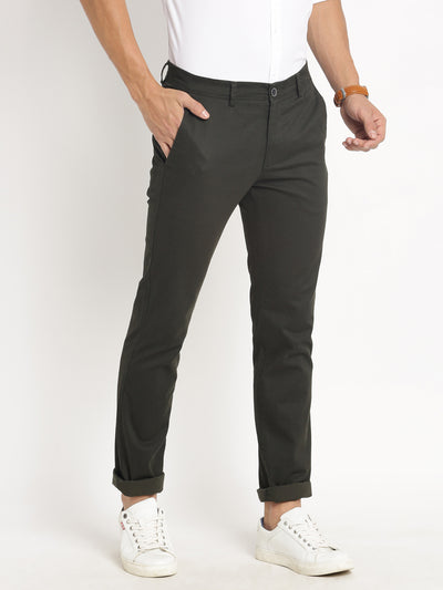 Cotton Stretch Charcoal Printed Narrow Fit Flat Front Casual Trouser